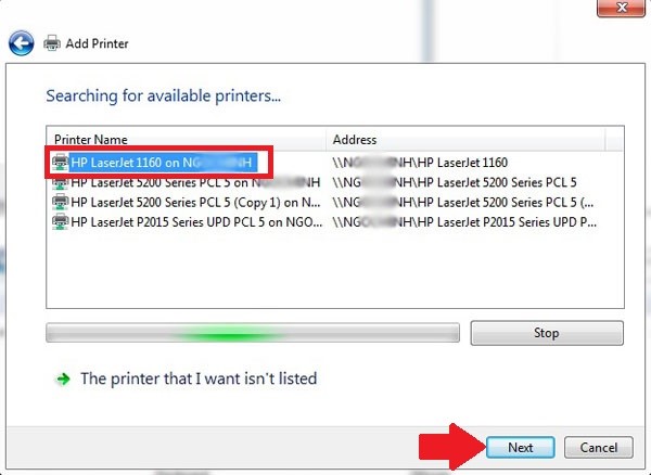 cài đặt máy in qua mạng LAN