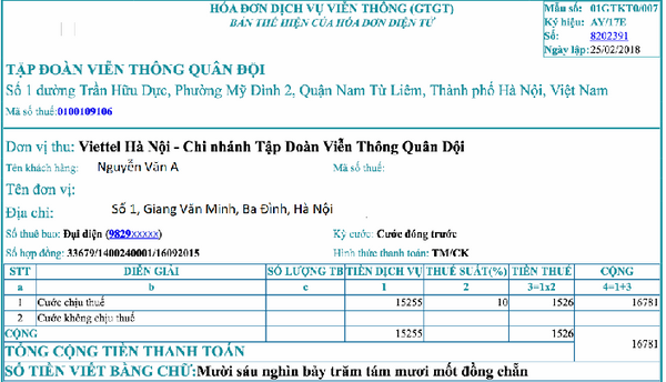 hóa đơn dịch vụ viễn thông